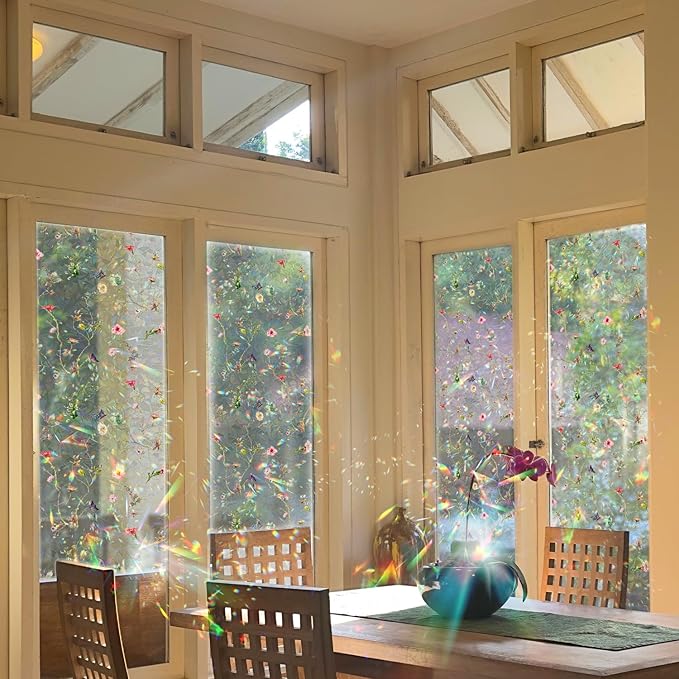 Rainbow Window Privacy Film Stained Glass Handmade Design for Bathroom, Watercolor Flower and Butterfly, 39.37" x 16.92"
