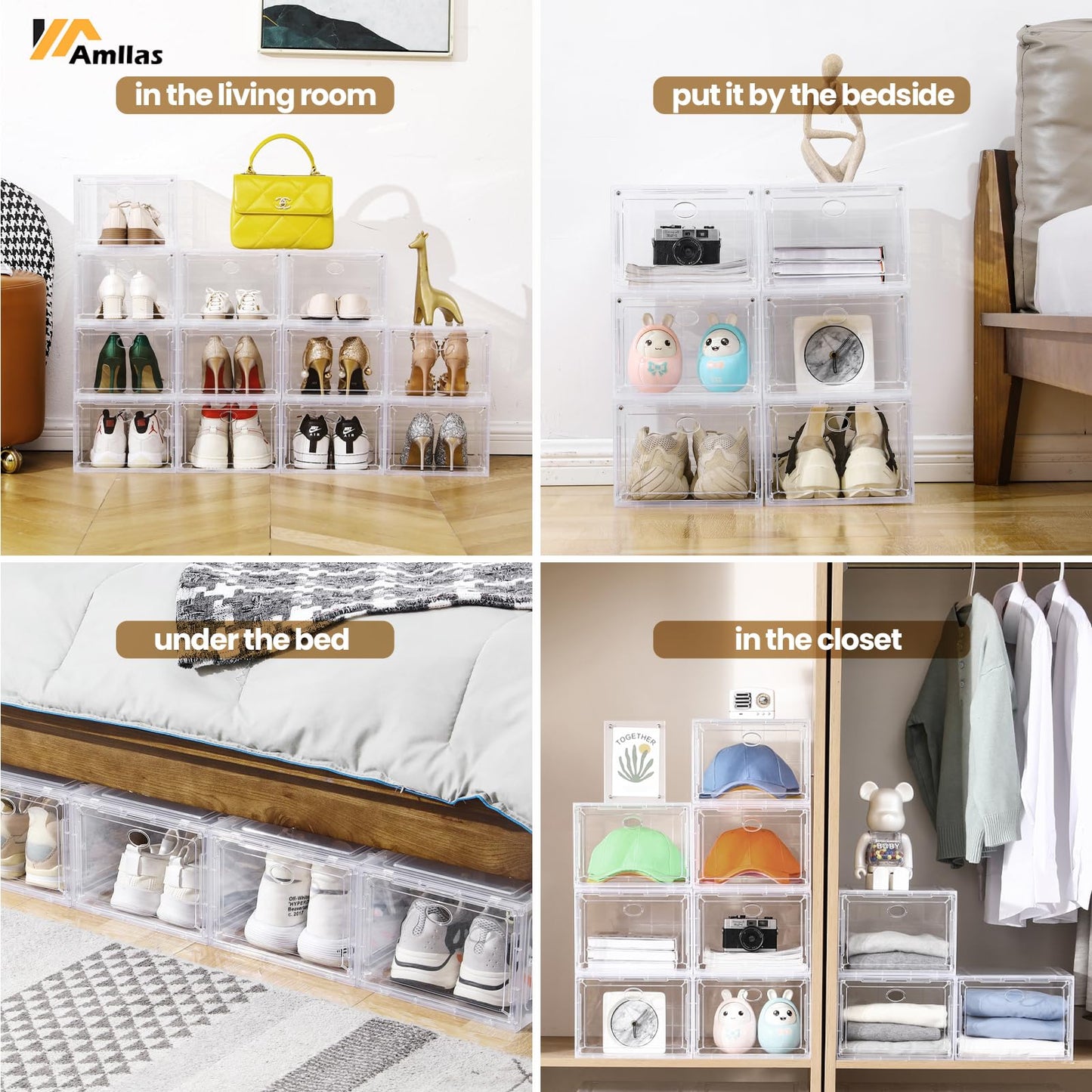 Amllas 12 Pack Clear Shoe Boxes Stackable,Shoe Storage Boxes for Closet,Sturdy Shoe Box Storage Containers with Clear Door,Sneaker Storage,Easy to Assemble,Fit up to US Size 12(13.8”x 9.84”x 7.1”)