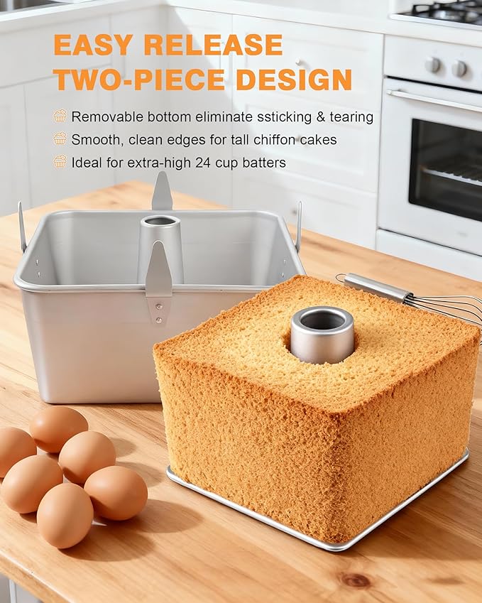Roicaholy Square Angel Food Cake Pan with Removable Bottom, 9.5 Inch Aluminum Alloy Tube Pan with Cooling Feet, 24-Cup Capacity for Chiffon and Sponge Cakes