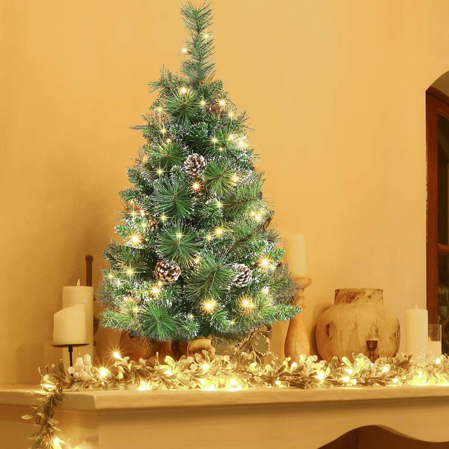 Joyhalo 3FT Christmas Tree Table Top, Small Pre Lit Christmas Tree, Artificial Xmas Tree with 135 Branches 50 Lights Battery Powered, Outdoor Christmas Tree for Apartment Office Holiday Party Decor