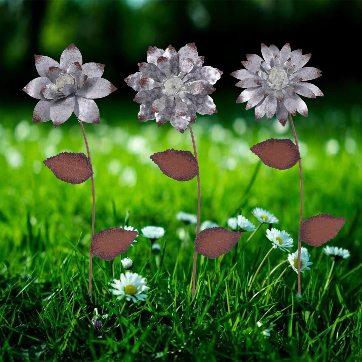 Garden Stakes Decorative, Metal Flowers for Outside, Glow in Dark Yard Lawn Ornaments Plant Pot Flower Bed Decor, Patio, Set of 3, Gold Flower