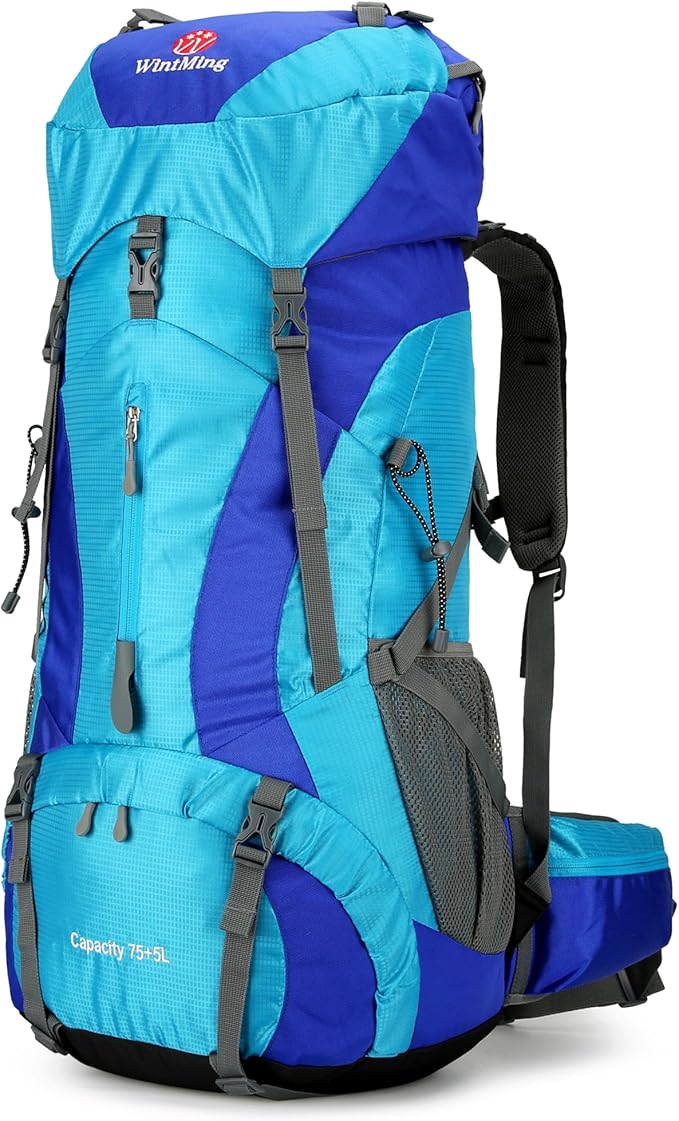 W WINTMING 75L Hiking Backpack with Rain Cover Waterproof Camping Backpack Shoes Warehouse for Men Women, Frameless