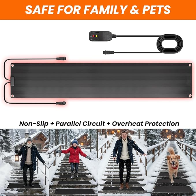 Graphene Snow Melting Mats for Stairs,Non-Slip Rubber Heated Walkway Mat,Fast Ice Melt 3 in/h,Safe & Energy Saving with Extended 50cm Cord,10"x60" with Plug