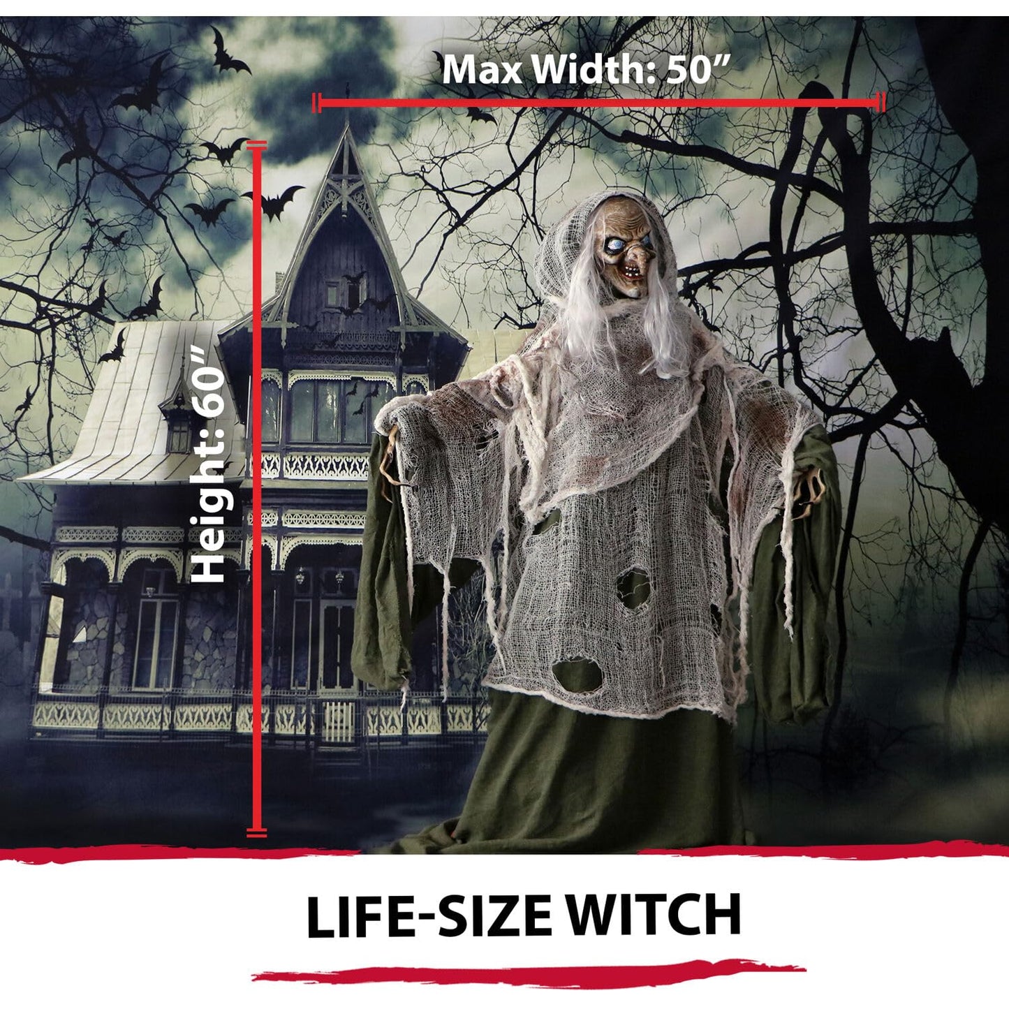 Haunted Hill Farm Life-Size Scary Talking Witch, Animatronic with Touch Activated Lights and Sound, Battery Operated Indoor or Covered Outdoor Decoration, Creepy Halloween Prop