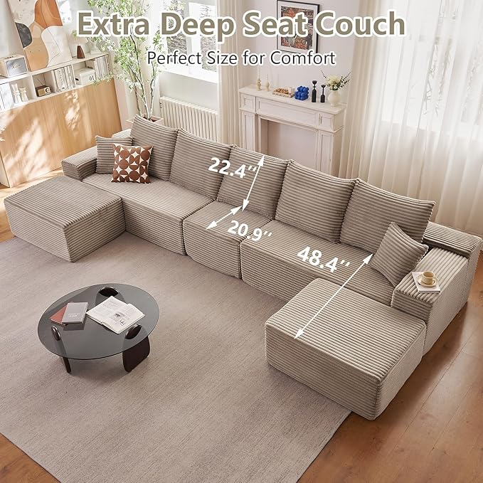 167.7" Sectional Cloud Couch for Living Room, Modular Floor Deep-Seat Sofa, Big Comfy Corduroy Couches Set with Fluffy Memory Foam, Stupendous U Shaped Sofas, No Assembly Required, Camel