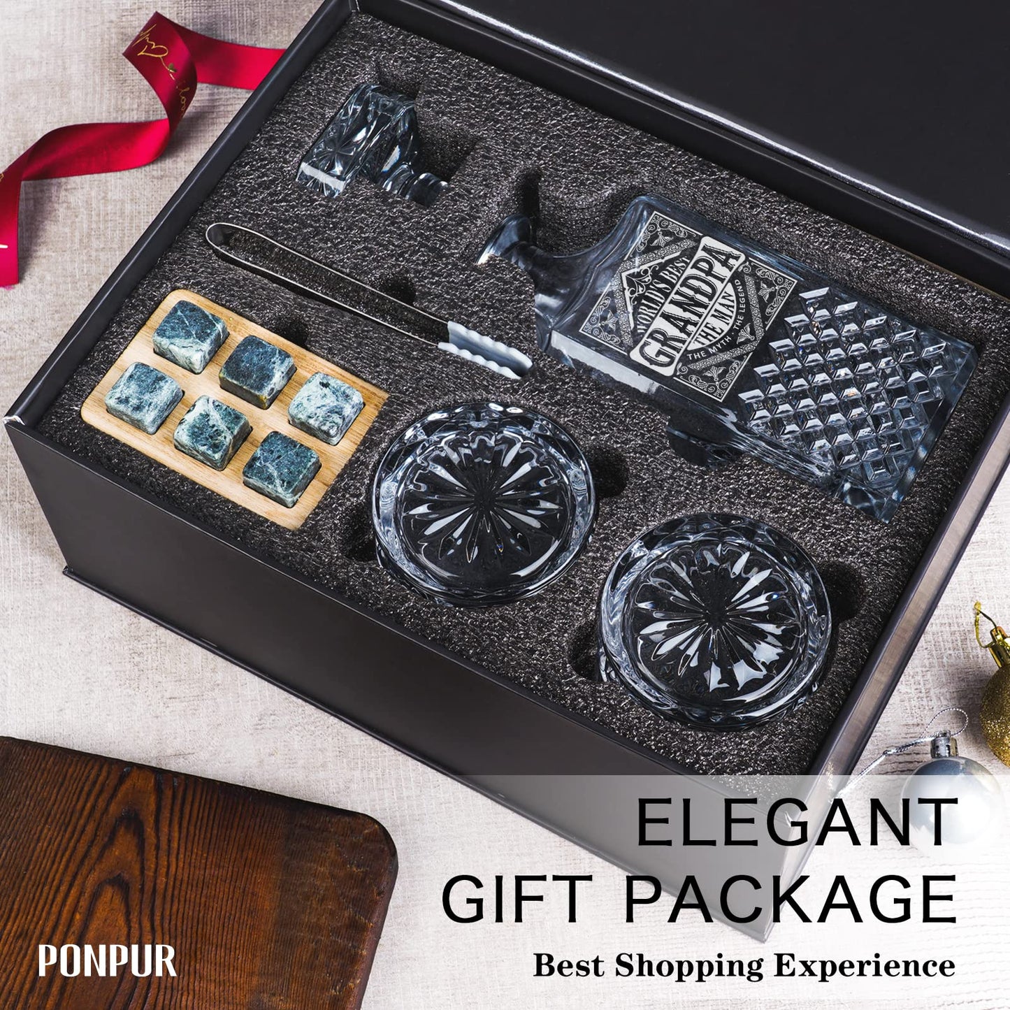 PONPUR Gifts for Grandpa Papa, Whiskey Decanter Set for Grandfather, Unique Grandpa Birthday Gift from Granddaughter Grandson, Best Christmas Retirement Presents for Whisky Scotch Bourbon Lovers