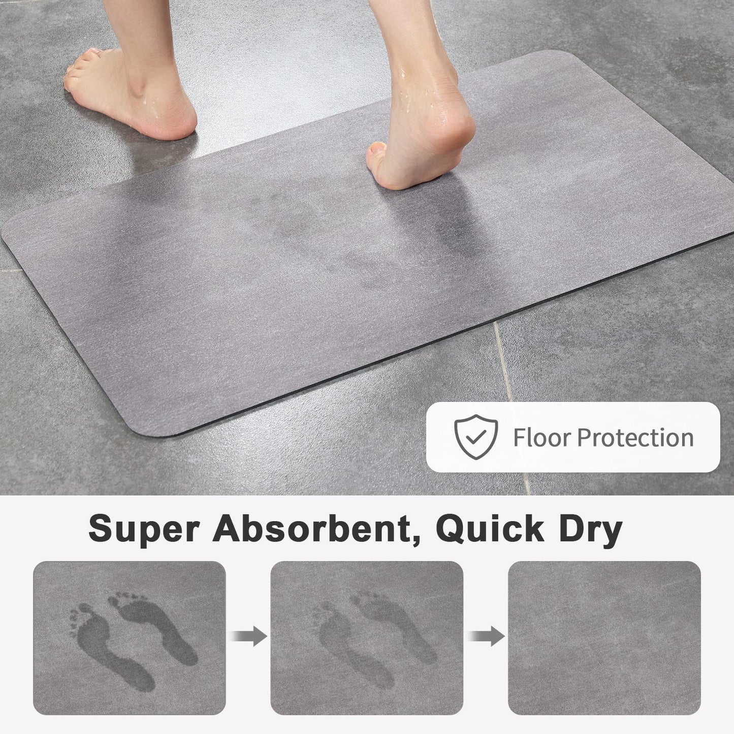 Stiio Bath Mat for Bathroom, Flat Bath Rug Super Absorbent Quick Dry, Non Slip Thin Bathroom Mats Fit Under Door, Easy Clean Washable Shower Mat Carpet for Kitchen, Bathtub, Sink, Grey 15x23 inches