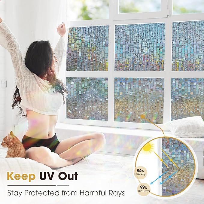 Windimiley Rainbow Window Privacy Film, 3D Stained Glass Christmas Decorative Window Clings, UV Heat Blocking Holographic Prism Stickers for Home (23.6 x 157.5In,Brown)