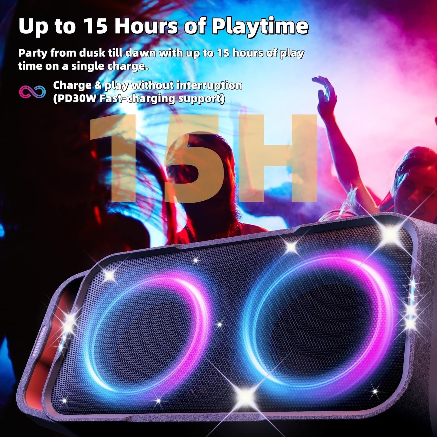 Foxdawn Portable Bluetooth Speaker 240W Deep Bass Wireless Boombox Large Black Model PT300 with 15H Battery Life & LED Light Show