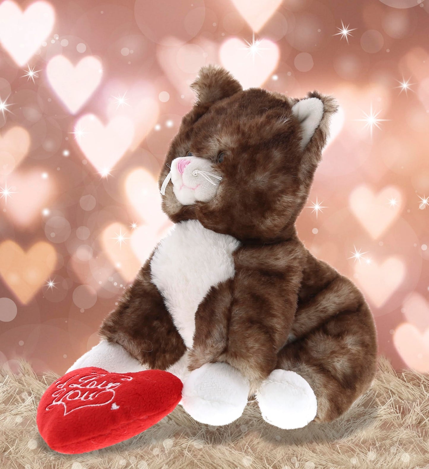DolliBu I Love You Valentine Plush Brown Cat - Cute Stuffed Animal with Red Heart and Name Personalization Gift for Valentines Day, Birthday, Anniversary, Romantic Date - 6 Inches
