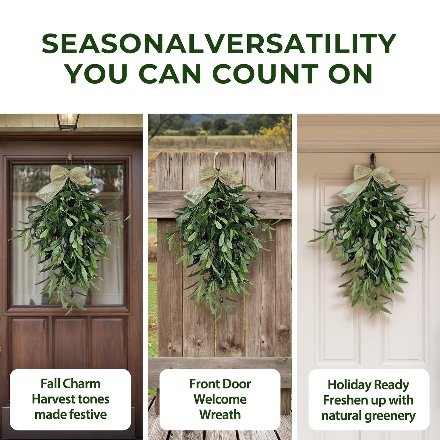 Artificial Olive Garland with Greenery Leaves – Faux Olive Wreath for Front Door, Farmhouse Wall Decor, Hanging Green Wreath for Window or Wedding Decoration (A)
