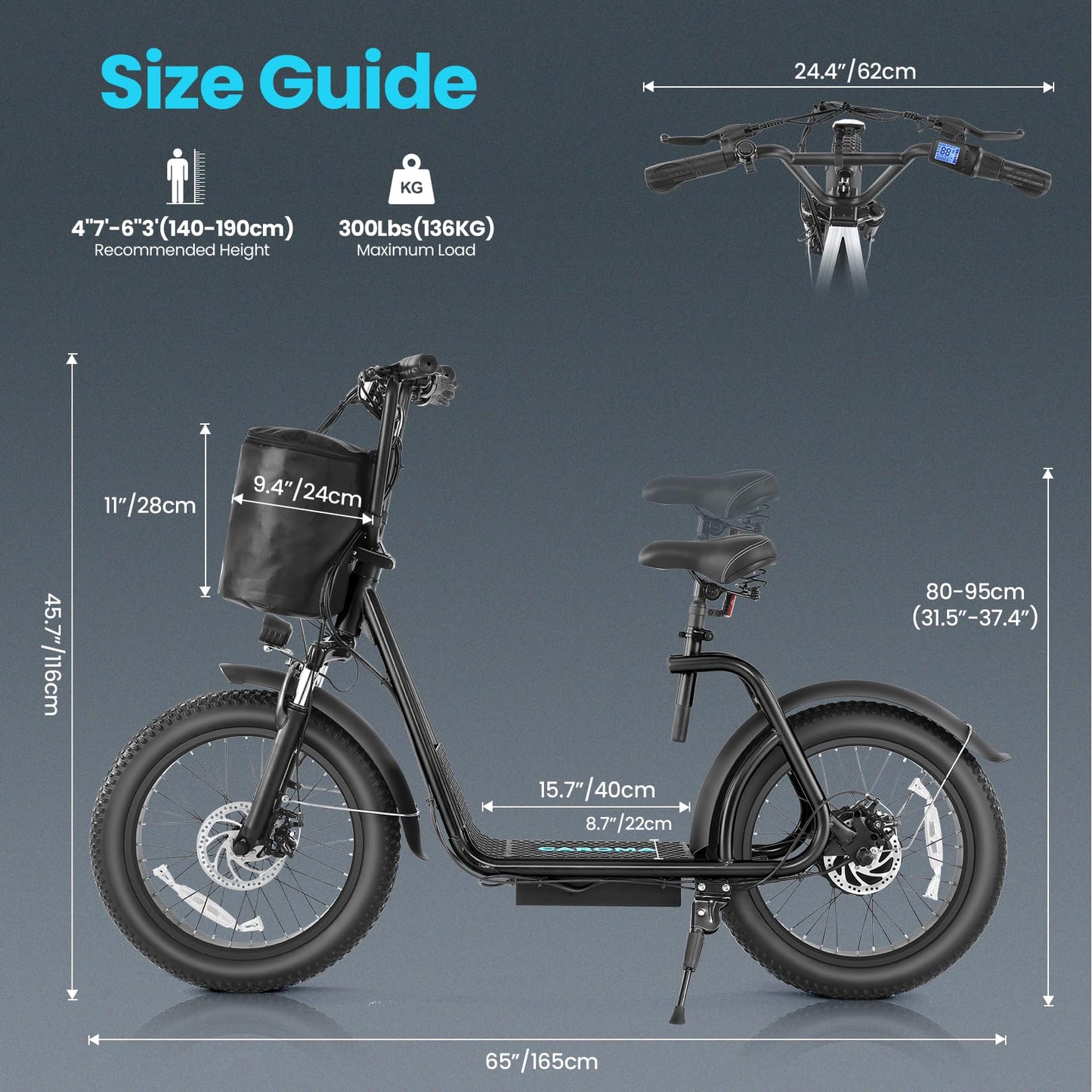 Caroma 819W Foldable Electric Scooter Adults, 20" Fat Tire Electric Bike with 500Wh Battery, Up to 30Miles & 20MPH, Adult Electric Bicycles for Commuting with Basket&Adjustable Seat（Black）