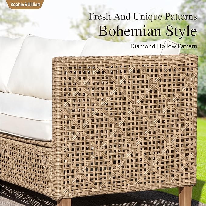 Sophia and William Boho Wicker Patio Furniture Set, Outdoor Rattan Sectional Sets Conversation Set - Weather-Resistant, with Dual Storage Coffee Table Acacia Wood Legs for Garden, Patio & Deck(Beige)