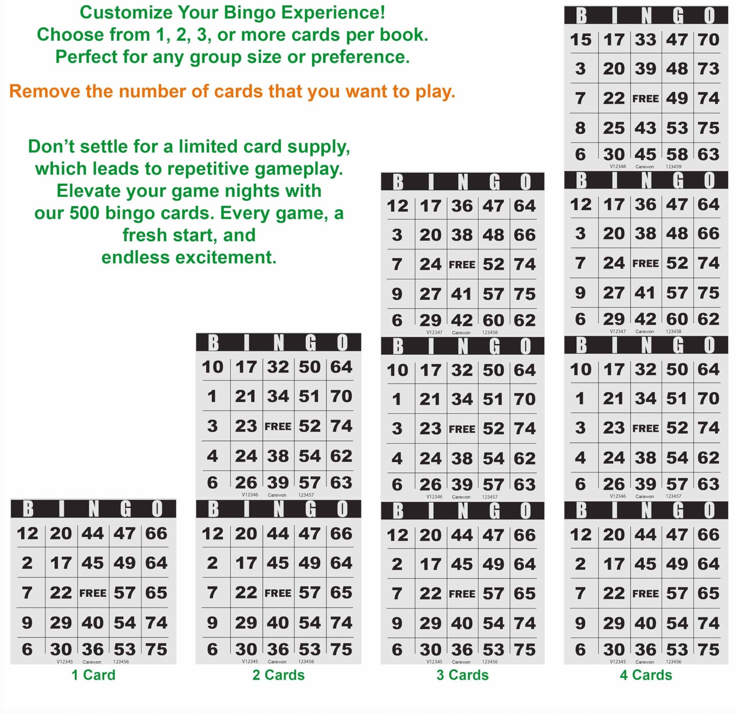 Carewon 500 Bingo Cards, Large 4.5" x 4.5", Paper Bingo Sheets, Disposable or Reusable for Daubers or Chips