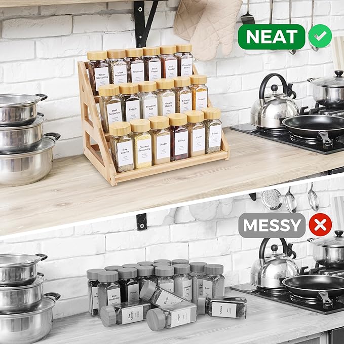 Spice Rack - 3-Tier Bamboo Spice Racks，Spice Rack Solves Cluttered Spices in Kitchens, Cabinets, Pantries, and More