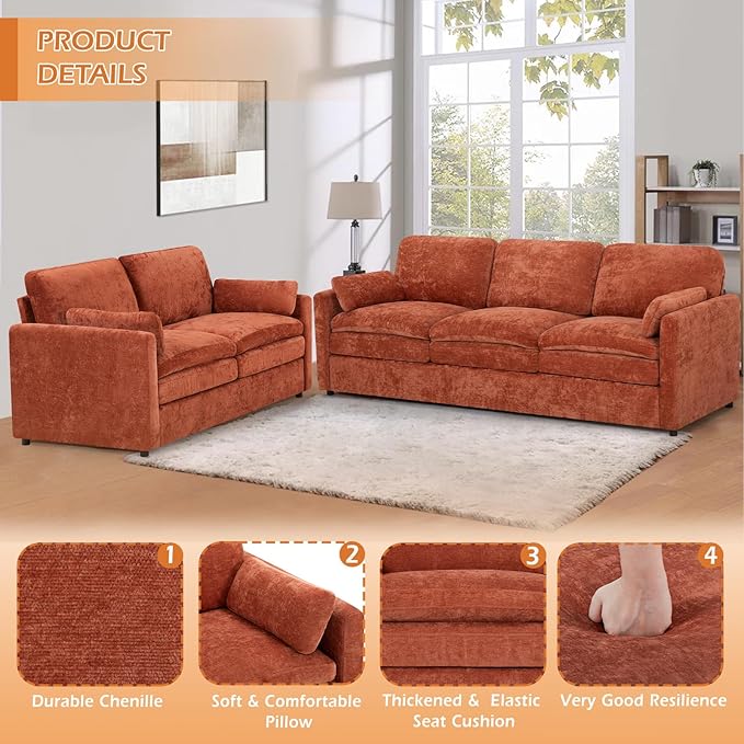 ACMEASE 2 Pieces Chenille Sofa Set w/Arm Pillows, Upholstered Loveseat & 3 Seater Sofa w/Comfortable Back Cushions, Modern 2-Seat & 3-Seat w/High-Density Foam for Living Room, Apartment, Orange