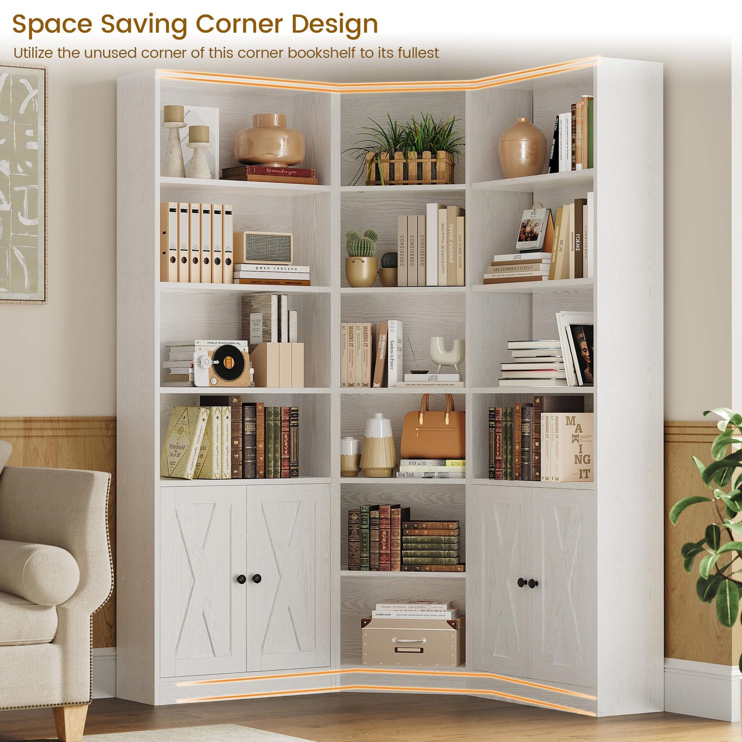 ANCTOR Large Corner Bookcase with 2 Storage Cabinets and 18 Shelves, 7 Tiers L Shaped Wood Bookshelf, 71" Tall Corner Hutch for Living Room, Bedroom, White