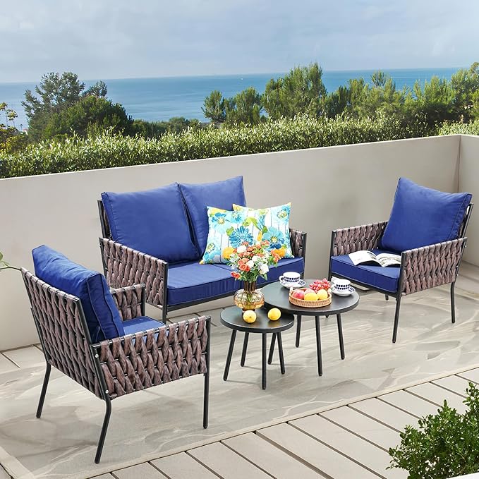 SunloungeCo Patio Furniture Set, 5-Piece Wider Outdoor Metal Seating Sofa with High Back & Lovsest, Coffee Ta ble, All Weather Rattan Conversation for Garden,Backyard, Poolside-Navy