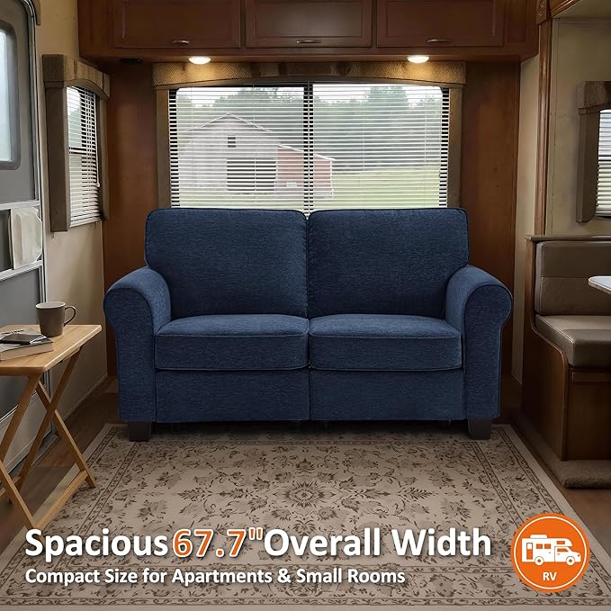 MCombo 67.7" Loveseat Sofa, 2-Seater Small Couch for Small Spaces, Classic Rolled Arm Upholstered Sofa with Solid Wood Legs for Living Room, Removable Cover, Chenille Fabric VE730 (Navy Blue)
