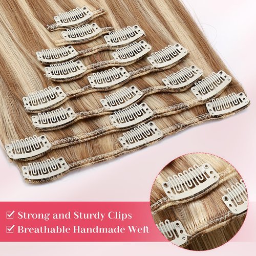 MY-LADY Clip In Hair Extensions Real Human Hair 20 Inch 8pcs Remy Real Hair Extension Clip ins #12/613 Light Brown with Bleach Blonde 105g Silky Straight