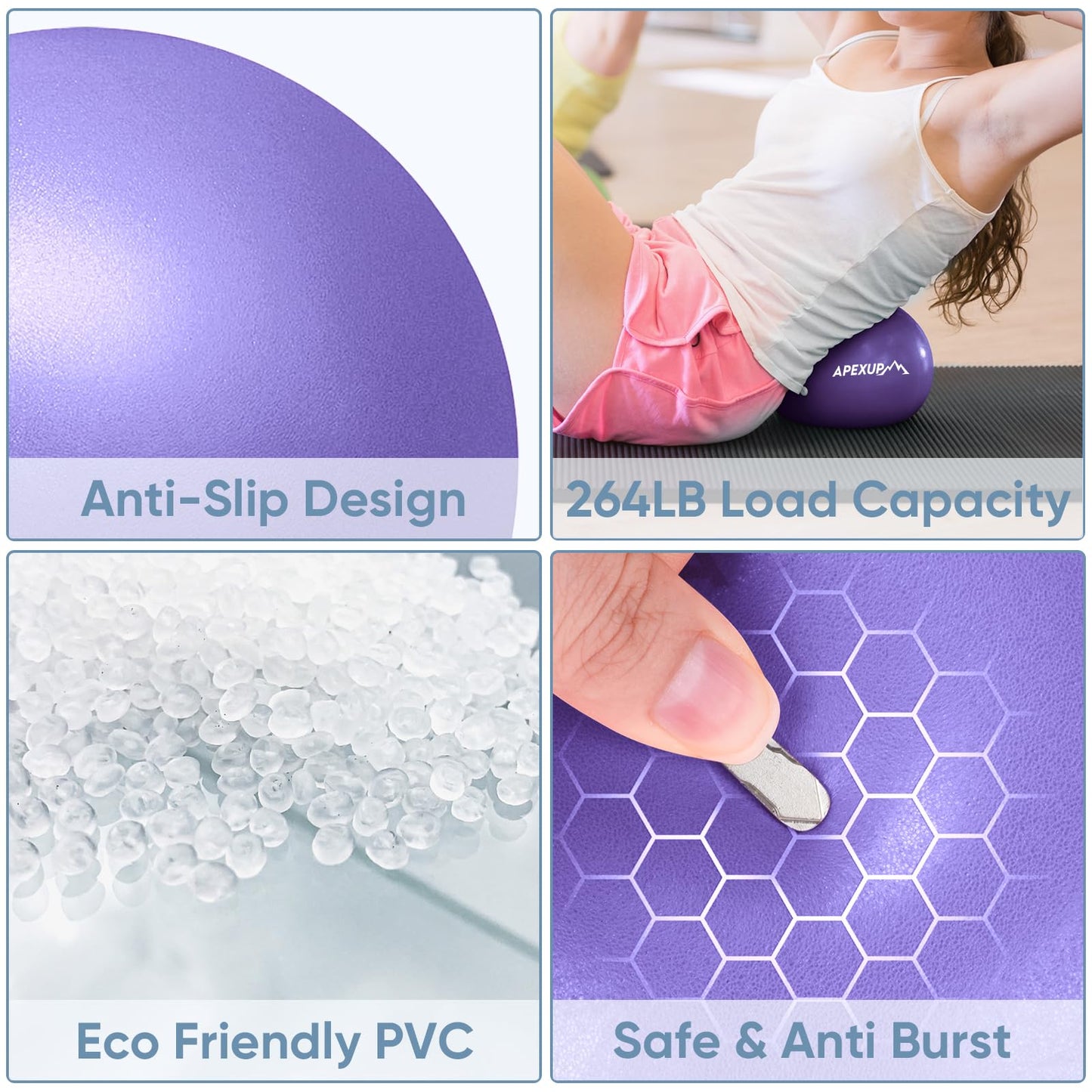 APEXUP Yoga Ball Exercise Ball, Heavy Duty Pilates Ball for Fitness, Balance, Core Workout, Physical Therapy (XXS (9") 23cm, Purple)
