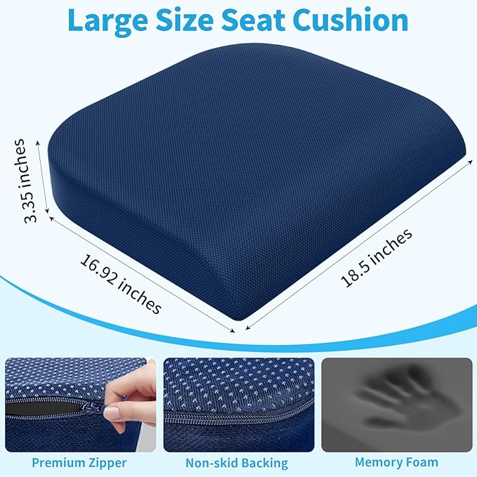 TranquilRelax Large Seat Cushion, Memory Foam Cushion for Long Sitting Hours on Office Chair, Home & Car, Non-Slip Chair Pad for Relieving Back & Sciatica & Hip & Coccyx Pain (Blue)