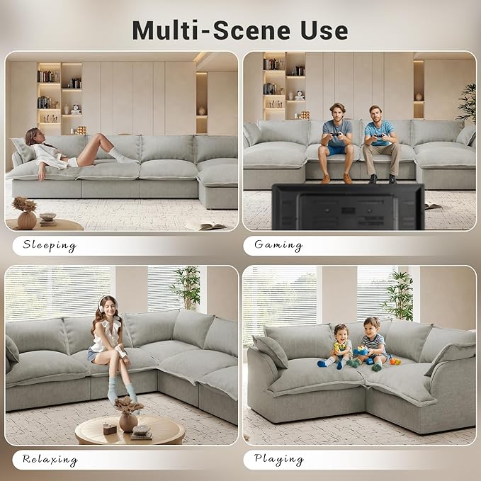 Intuition Decor U Shaped Cloud Modular Sectional Sofa with 2 Chaise Ottomans,146.6" Down Filled Comfort Couch for Living Room,Sectional Couches Wide Deep Seat Convertible Removable Covers Cushion