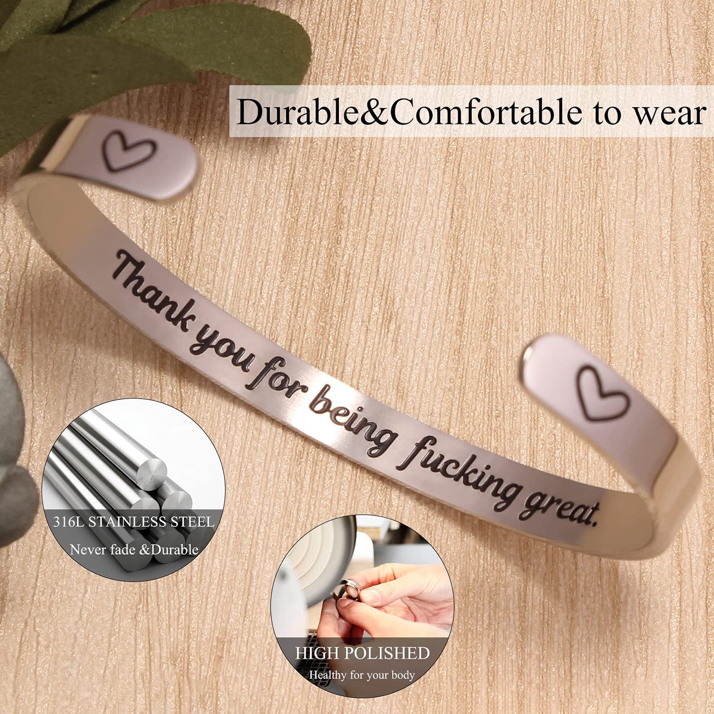 Btysun Inspirtaional Gifts for Women Bracelets for Teen Stainless Steel Cuff Bracelet Motivational Funny Gift for Her Friend Bir