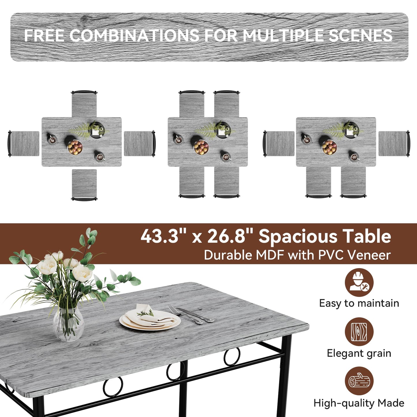 Vipbear Kitchen Dining Table Set for 4, 5-Piece Kitchen Table Set,Dining Room Table Sets,Rectangular Kitchen Table Set with 4 Chairs for Small Space, Dinette,Apartment,Rustic Grey
