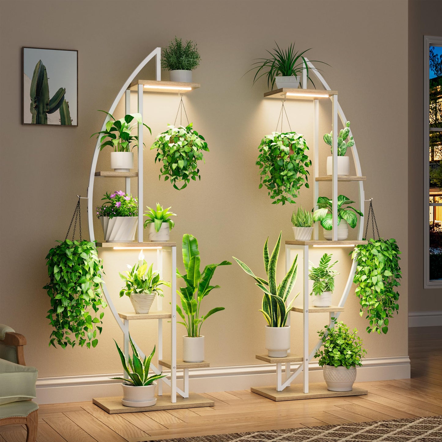 BACEKOLL 63" Metal Plant Stand Indoor With Grow Lights - 6 Tiered Tall Shelf for Multiple Plants, Half-Moon Rack Display, Holder for Living Room, Patio - White