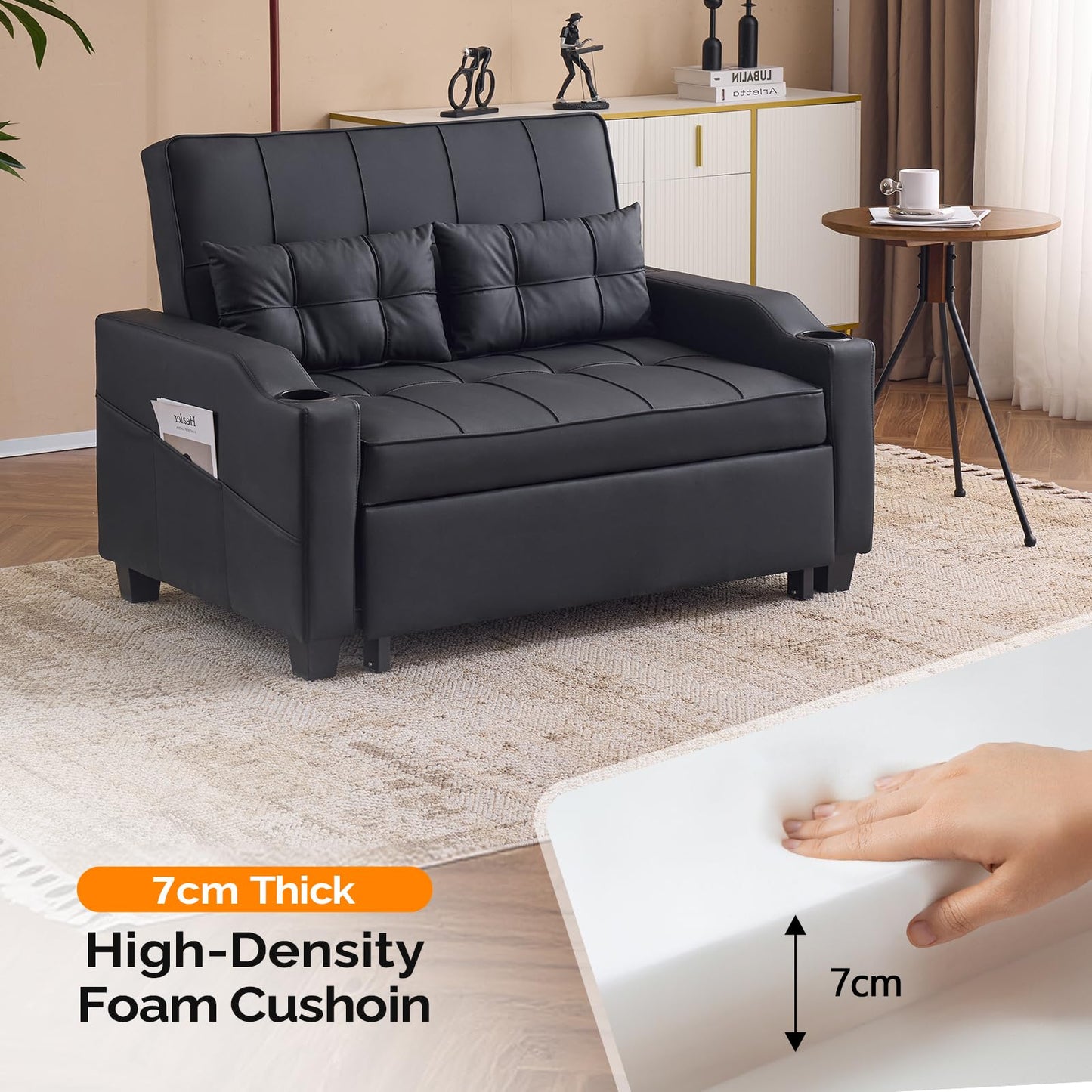 VINGLI Convertible Loveseat Sleeper, Black Faux Leather Futon Sofa Bed Pullout Couch Bed with USB Ports, Cup Holders, Armrest for Living Room, Bedroom, Home Office Apartment