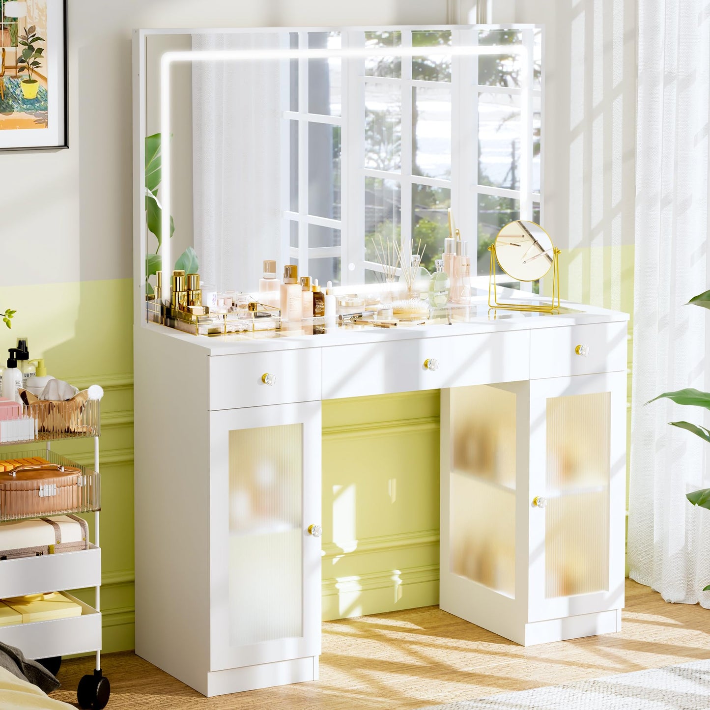 Pamapic Makeup Vanity with Crystal Knobs, Glass Top Vanity Desk with Mirror and Lights, Power Outlet, Drawers and Cabinet, 3 Lighting Color Adjustable Dressing Table, Upgraded Silent Slides, White