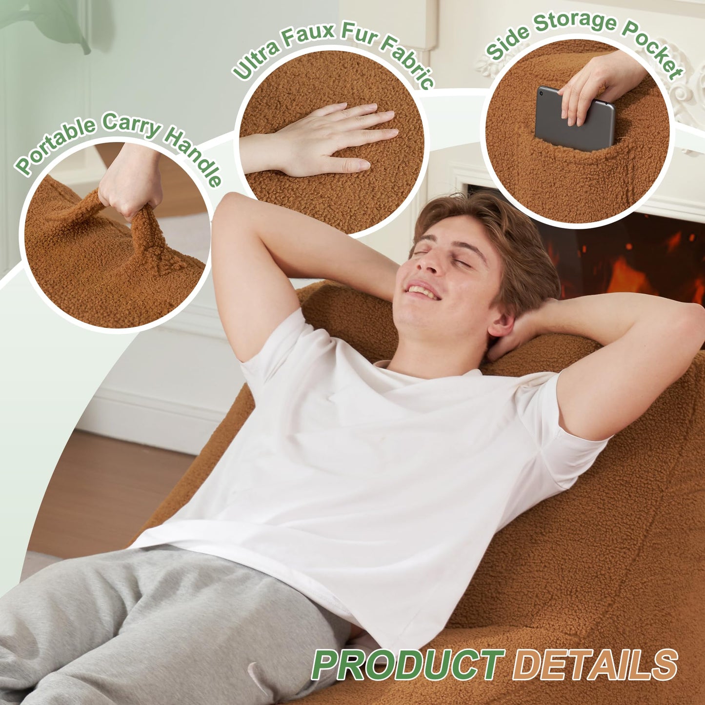 HABUTWAY Giant Bean Bag Chairs for Adults with Ottoman&Storage Pocket, Big BeanBag Chair Large Bean Bag Couch with Memory Foam Filled, Soft Faux Fur Bean Bag Sofa for Living Room(TEDDYBROWN)