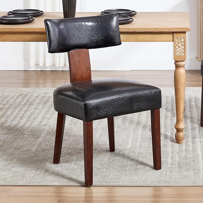 KHISCHMO Mid Century Modern Dining Chairs, Upholstered Pu Leather Fabric Chairs with Curved Backrest and Wood Legs, Comfy Kitchen Vanity Chairs for Dining Room/Living Room/Kitchen, Set of 6 Black