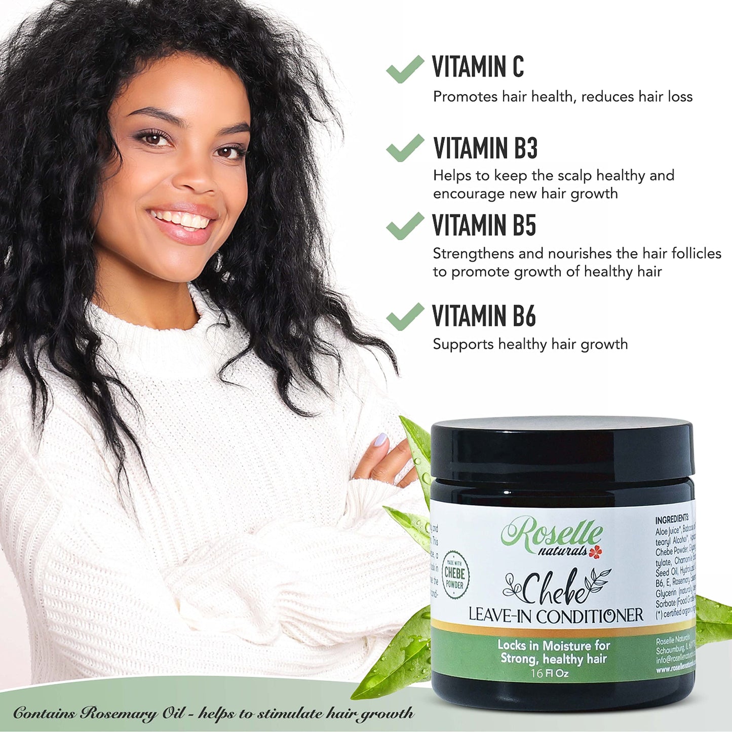 Roselle Naturals Chebe Leave In Conditioner Organic 16 Oz Chebe Powder for Hair Growth, African Chebe & Rosemary Oil, Chebe Hair