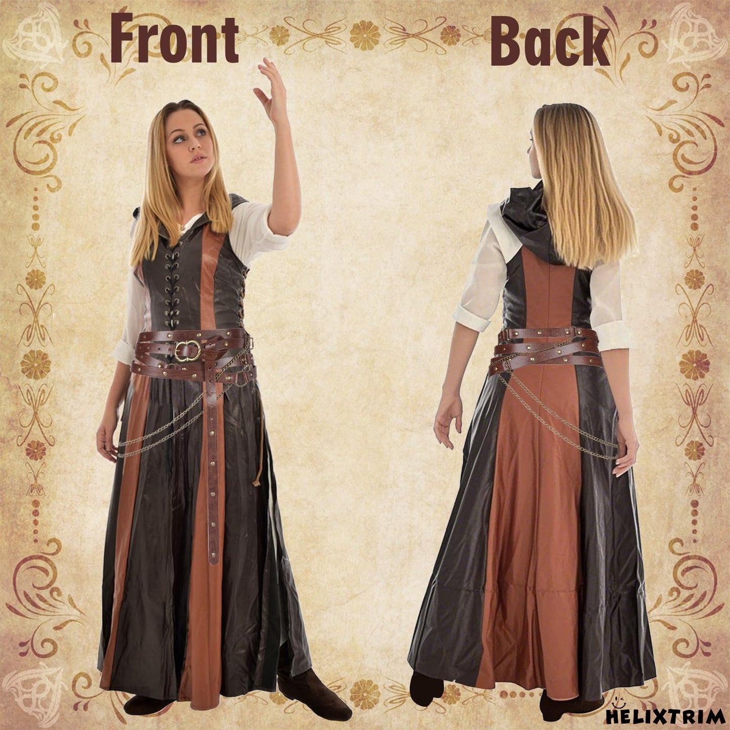 HelixTrim Renaissance Belt Medieval Thin Viking Style Pirate Belt for Women with Gold Chain Faux Leather Accessories Extra Long Plus Size for Ren Faire,LARP,Elf Fairy Cosplay Gift,Brown