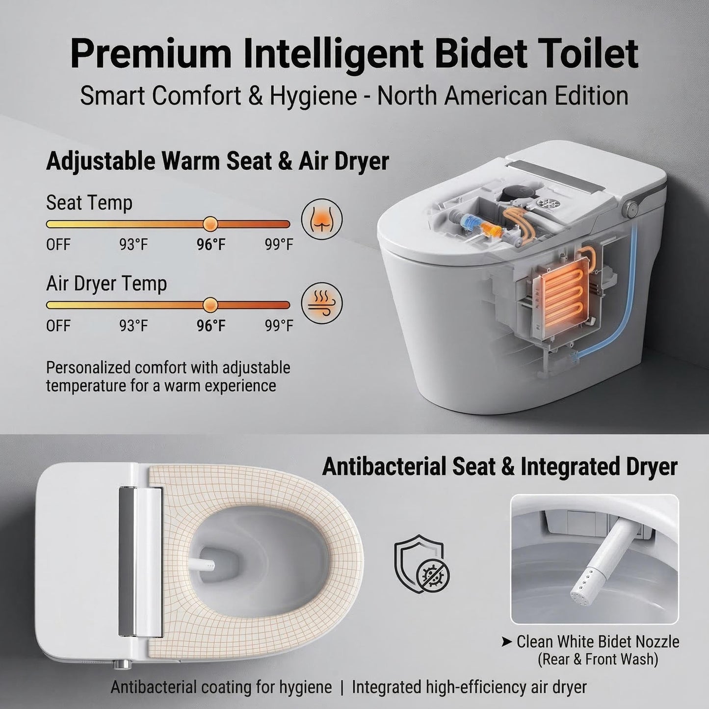 Smart Toilet with Bidet, One Piece Toilet with Tank and Pump for Low Water Pressure, Auto Open Close Lid, Foot Flush, Instant Warm Water, Heated Elongated Seat, Air Drying, LED Night Light, Remote