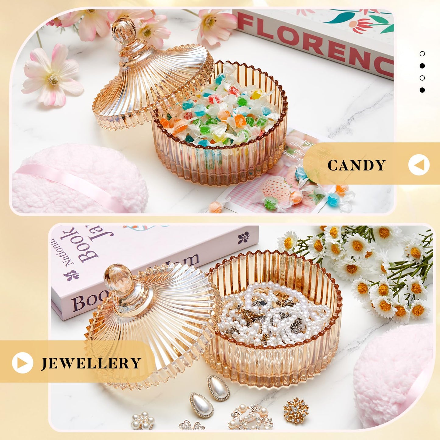 Tioncy 2 Pcs Extra Large Dusting Powder Puff and Container for Women-5.43'' Glass Crystal Dusting Powder Container with 5.91'' B