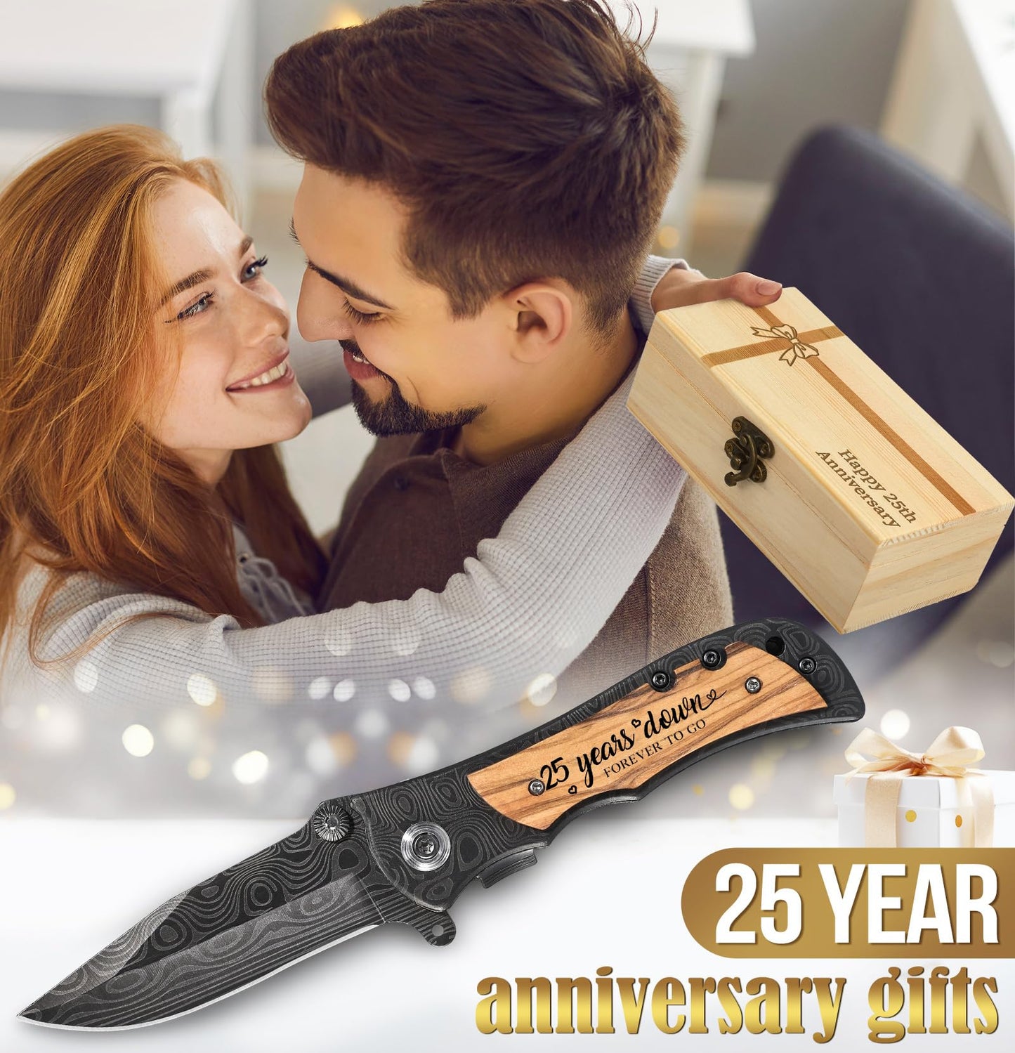 Lanties 25 Year Anniversary Keepsake Gifts for Him Engraved Pocket Knife with Gift Box Happy Tin Anniversary Customized Wedding Birthday Father's Day Gifts for Men Husband