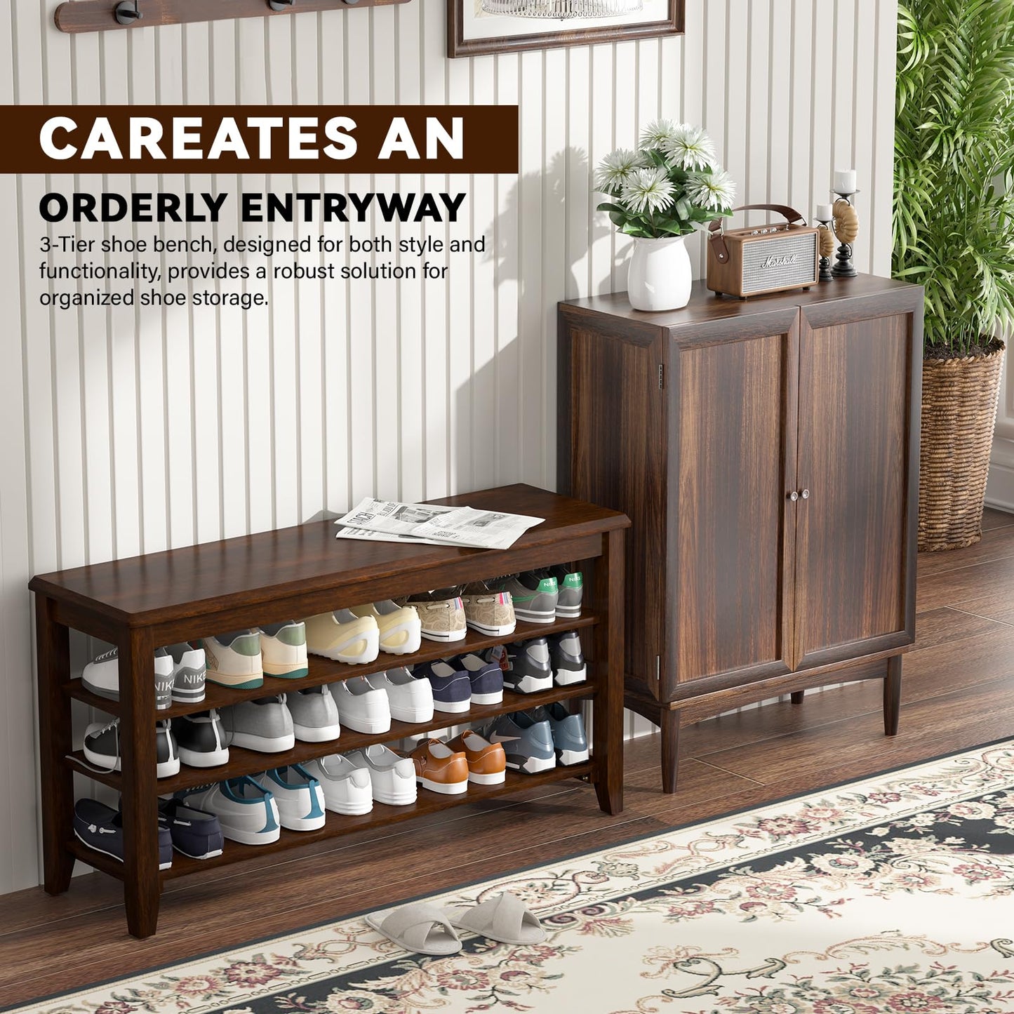 Taitiy Shoe Bench Storage Rubberwood, Entryway Bench with 3-Tiers Height Adjustable, Shoe Rack Front Door Entrance Organizer for Hallway Living Room, Mudrooms, Walnut,31.5"