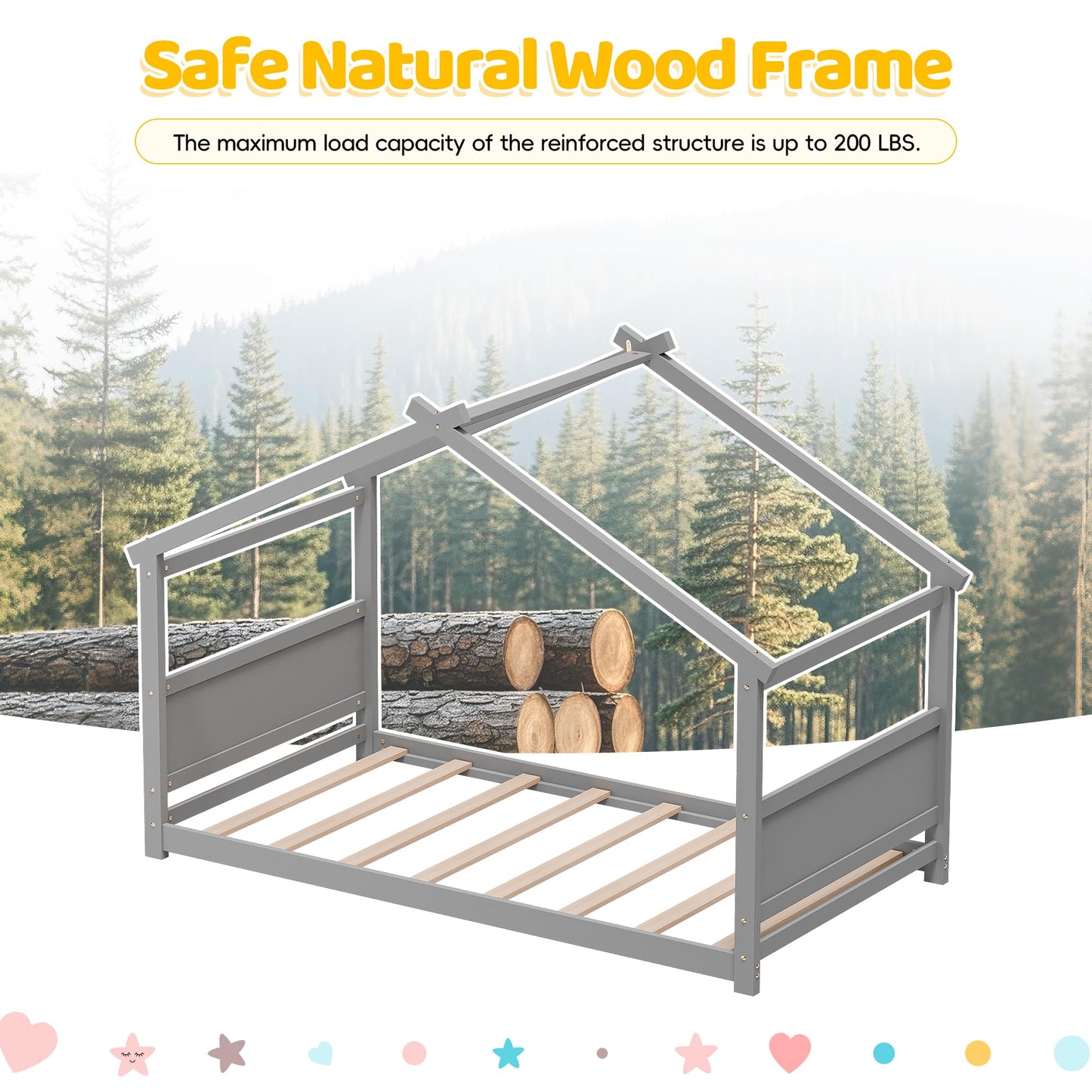 Redpick Twin House Bed, Montessori Floor Bed with Headboard & Footboard, Solid Wood Bed Frame for Toddlers Teens Bedroom, No Box Spring Needed, Grey