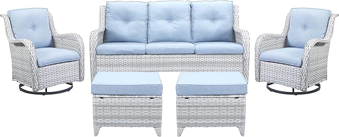 Belord 5 Piece Outdoor Patio Furniture Set - Wicker Furniture Patio Conversation Set, Outdoor Swivel Rocker Chairs with 3-Seater Sofa and 2 Ottomans for Small Space, Baby Blue Cushion