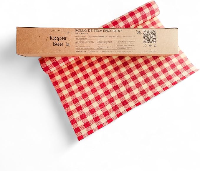 Reusable Beeswax Wrap Roll – Cotton, Plastic-Free Food Storage Alternative – Wrap Made by Women in Chile (Red Squares)