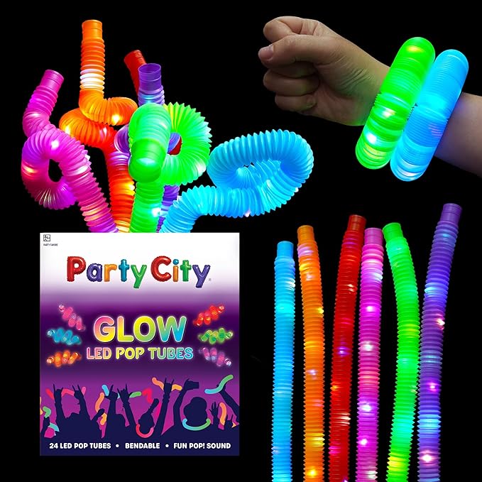 Party City 24pk LED Light Up Pop Tubes 25”- 3 Mode Stretchy Tubes LED Light Up Toys Bulk Glow Sticks Party Favors for Kids...
