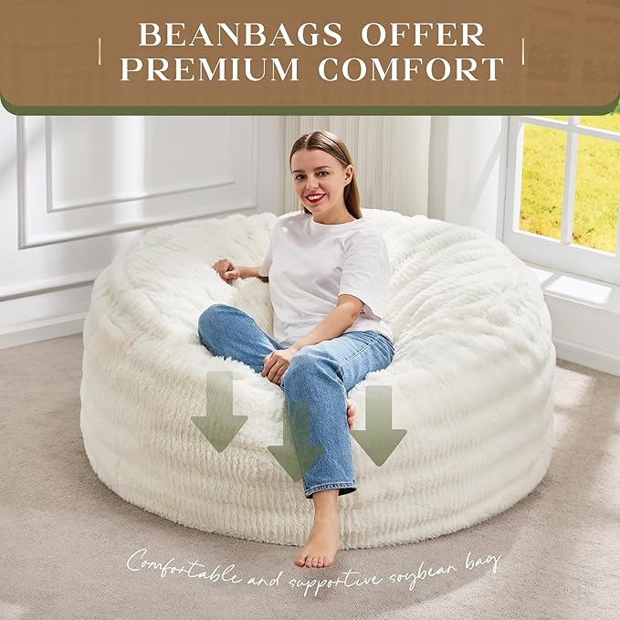 Hobestluk Bean Bag Chairs Beanbag Chair with Filler Adult Bean Bags with Fluffy Ripple Cover, Giant Bean Bag Chairs for Adults (White, 4FT - 44" x 44" x 24")