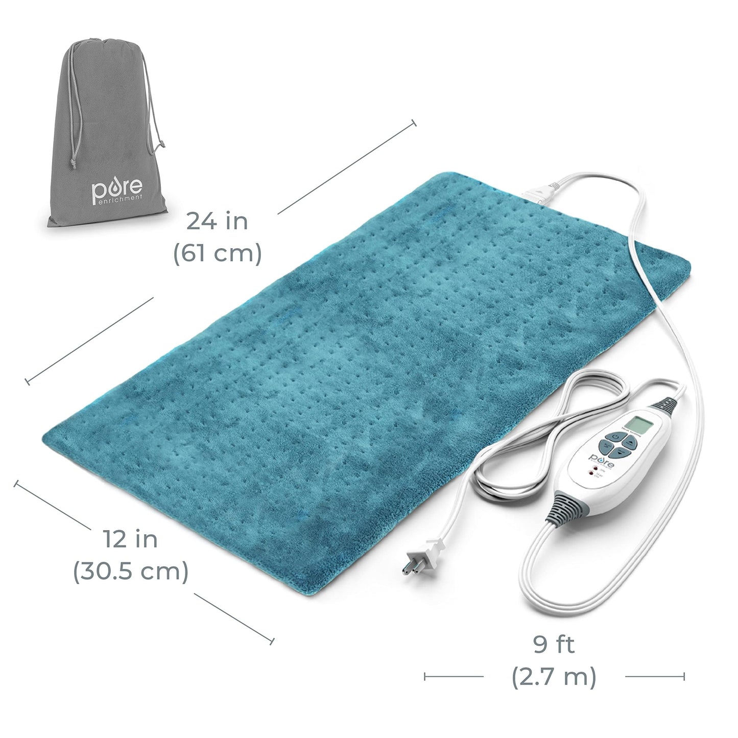 Pure Enrichment® PureRelief XL Heating Pad - 12" x 24" Electric Heating Pad for Back Pain & Cramps, 6 Heat Settings, Soft Machine Wash Fabric, Auto-Off & Moist Heat (Blue)