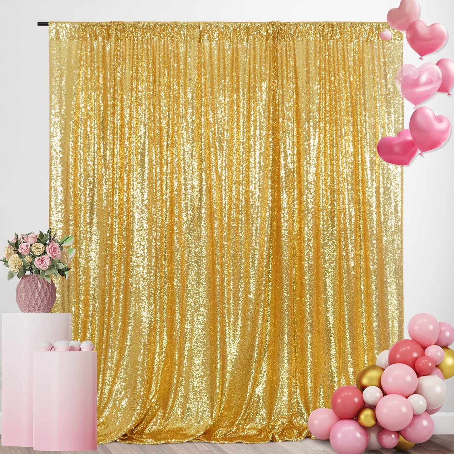 SquarePie Sequin Backdrop 10FT x 10FT Gold Photography Background Sparkly Curtain Selfie Wall for Wedding Party Decoration