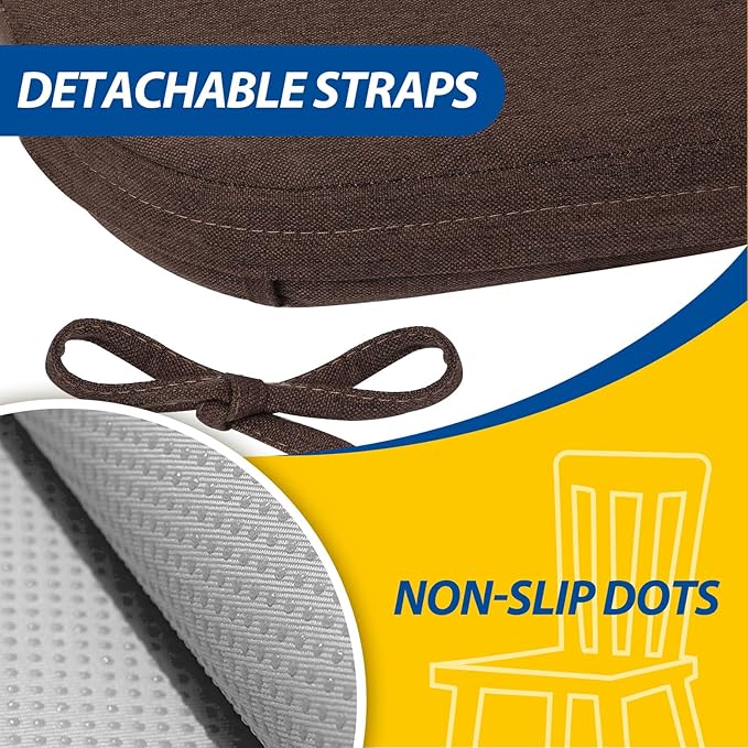 AAAAAcessories D-Shaped Chair Cushions, 2" Thick Dining Chair Pads with Ties and Removable, Machine-Washable Cover, 17" x 16", Set of 8, Brown