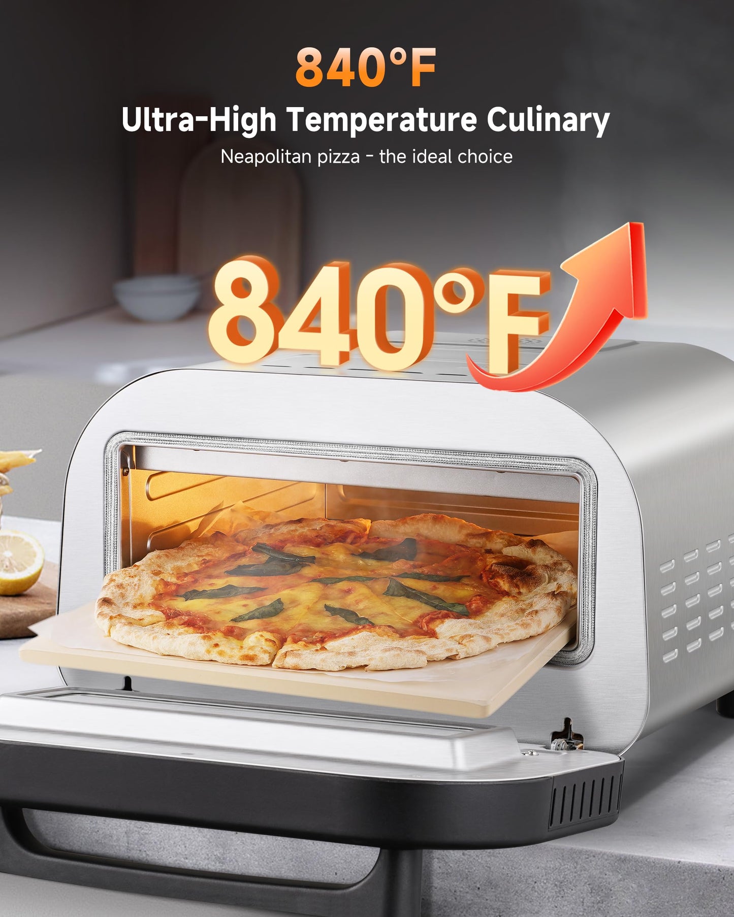 Upgraded indoor Pizza Oven 12 Inch Electric Countertop Pizza Oven with 6 Mode Heats up to 840°F Pizza Maker Pizza Cooker for Home Kitchen, Restaurants, Parties - Stainless Steel