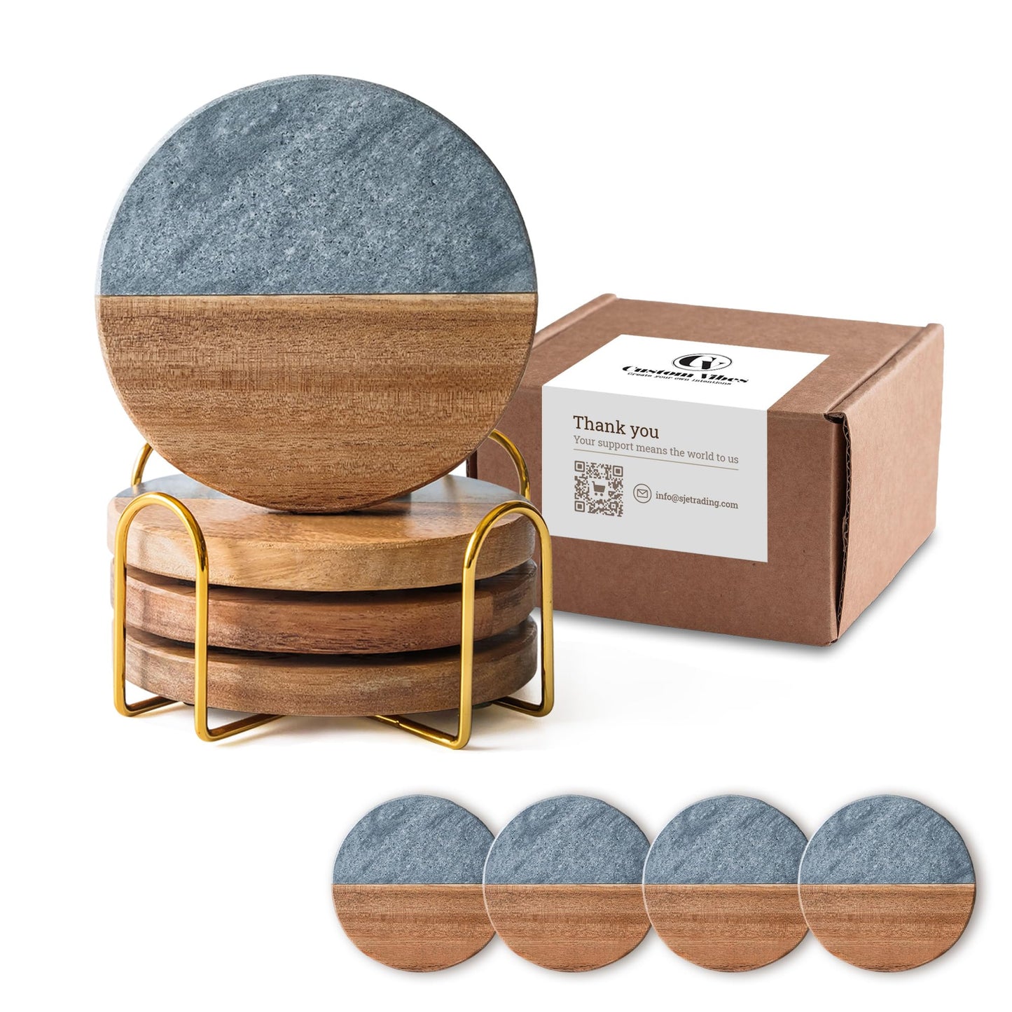 Custom Vibes Luxury Marble and Wood Coasters, Set of 4 with Gold Stand, Unique Décor Gift for Weddings, Engagements, and Anniversaries (Sea Spray)